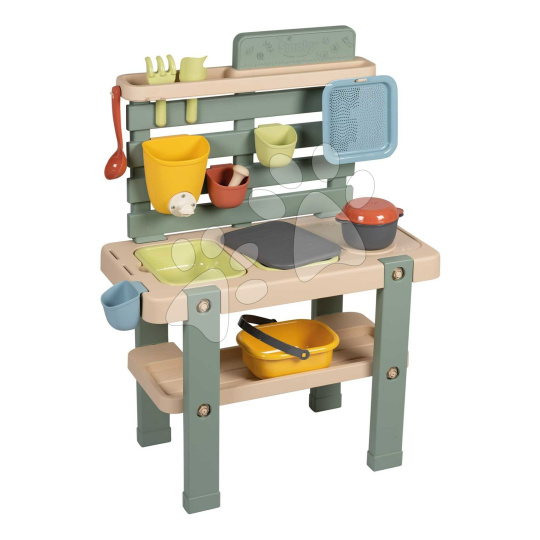 Smoby Kuchyňka pro zahradníky Mud Kitchen Life  hra s trávou květinami a pískem 15 doplňků s nářadím a nádrží na vodu od 3 let – model 2025