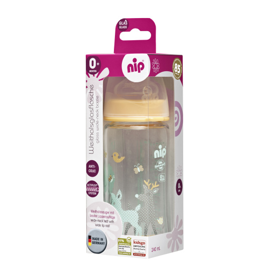 NIP Láhev kojenecká sklo,široká,silkon-S,240ml,0m+,uni