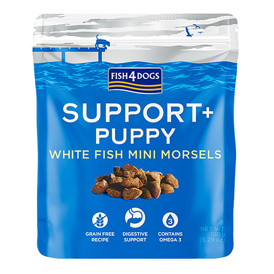 FISH4DOGS Pamlsky pro štěňátka SUPPORT+ podpora trávení bílá ryba s prebiotiky 150 g FISH4DOGS Pamlsky pro štěňátka SUPPORT+ podpora trávení bílá ryba s prebiotiky 150 g