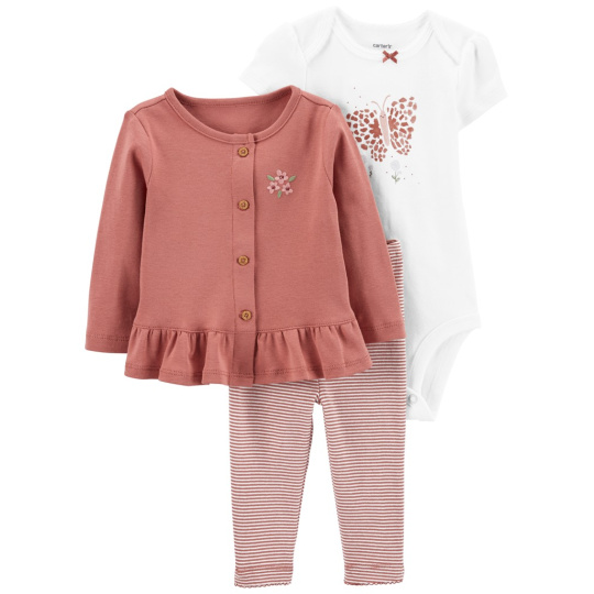 CARTER'S Set 3dílný body kr. rukáv, cardigan, legíny Pink Butterfly holka 3m