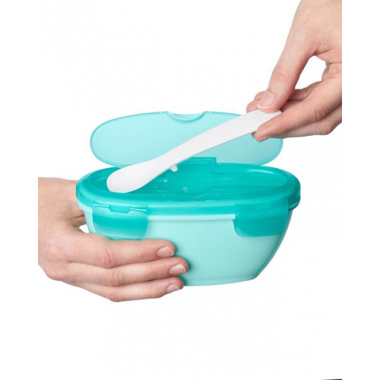 SKIP HOP Miska se lžičkou v ochranném pouzdře Easy Serve Teal 240 ml, 3m+