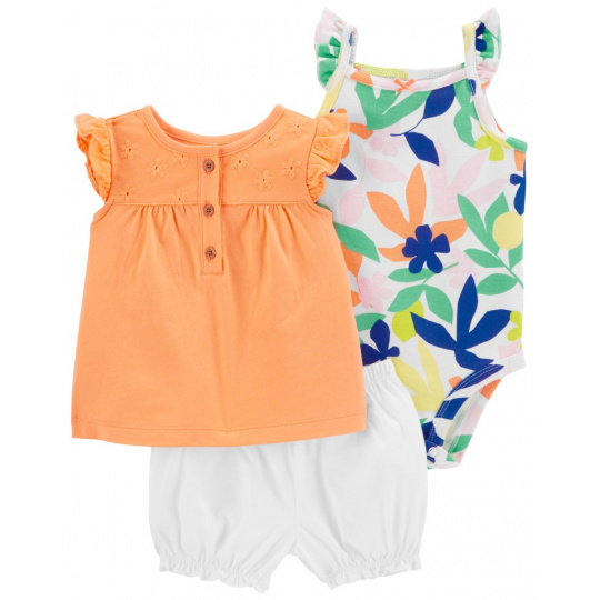 CARTER'S Set 3dílný body kr. rukáv, triko kr. rukáv, kraťasy Orange Flower holka 12m