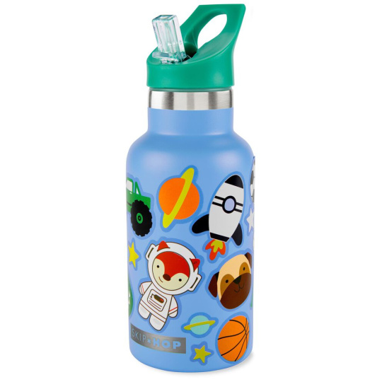 SKIP HOP Láhev s nálepkami se slámkovým náústkem nerezová modrá 380 ml, 4r+