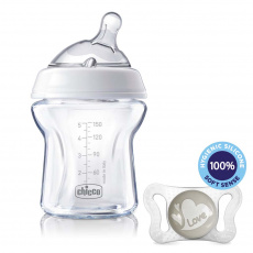 CHICCO Láhev kojenecká sklo Natural Feeling 150 ml, neutral 0m + vzorek Šidítko Physio Micro 0-2m CHICCO Láhev kojenecká sklo Natural Feeling 150 ml, neutral 0m + vzorek Šidítko Physio Micro 0-2m