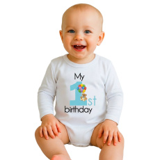Dětské body s potiskem New Baby My first birthday blue