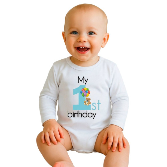 Dětské body s potiskem New Baby My first birthday blue