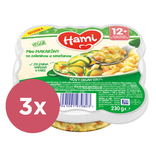 3x HAMI Talířek masozeleninový Mini-makaróny se zeleninou a smetanou 230g, 12+